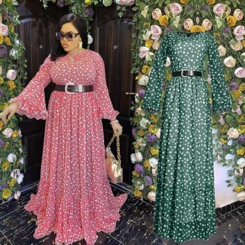 Kaftan Fashion Print Polka Dot Dress Women Long Sleeve Chiffon Dress Inner Sling Dress 2Pieces Set African Abaya Evening Gowns