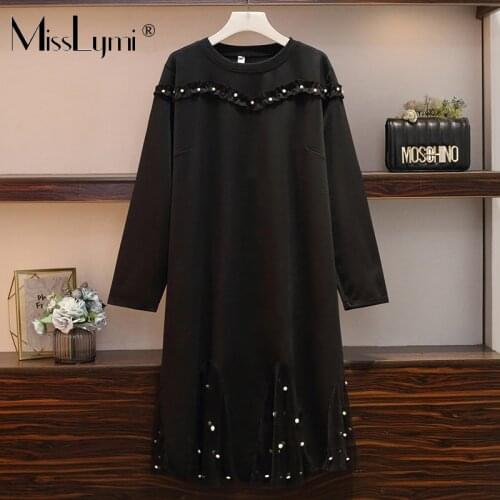 L-5XL Plus Size Women Beading Dress Autumn 2020 Fashion Long Sleeve Patchwork Pleated Ruffle Loose Ladies Mesh Mermaid Dresses