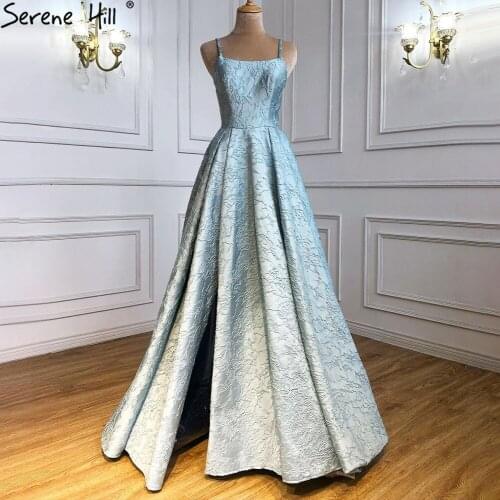 Serene Hill Blue Spaghetti Strap Sexy Evening Dresses Gowns 2021 High Split Simple For Women Wedding Party DLA71133