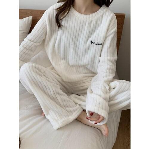 Winter Flannel Pajama Set Womens Flannel Pajamas Thick Warm Solid Nightgown Suit Lounge Wear Round Neck Full Length Sleepwear