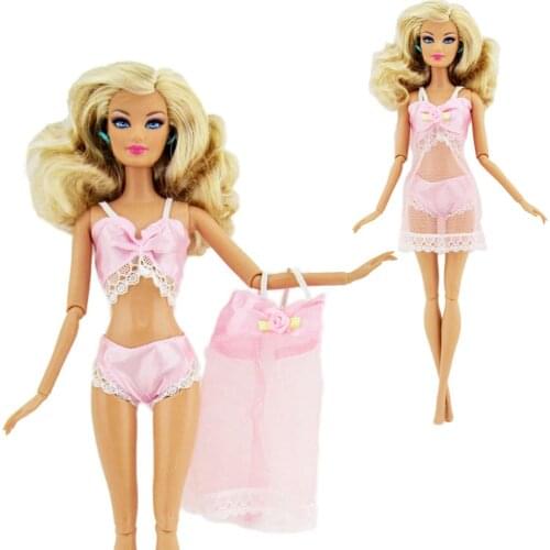 1 Set Pink Sexy Pajamas 3 In 1 Clothing Underwear Bra Lingerie Dress Lace Homewear Accessories Clothes for Barbie Doll Toys
