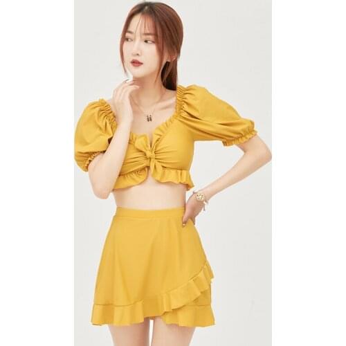 2021 New Sexy Two Piece Swimsuit with Breast Pad Slender Fresh Backless Student Bikini Yellow Swimsuit for Women