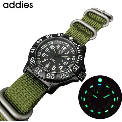ADDIES Military Mens Quartz Watch Outdoor Sports Watch Blue-Green Luminous NATO Nylon Strap Waterproof Men Watch Relogio