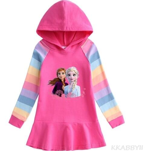 Disney Cartoon Print Girl Kid Cotton Hoodie Dress with Pleated Hemline Long SleeveBaby Child Sweatshirt Coat Clothes