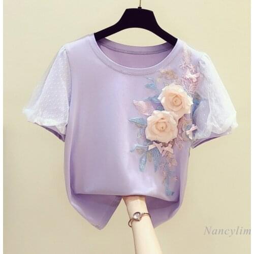 Handmade Three-Dimensional Embroidery Flower Mesh Puff Sleeve Round Neck T-shirt Woman 2021 Summer New Casual Top Students Tees