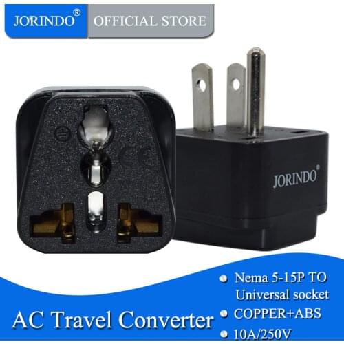 JORINDO Black whtie 250v 10A/16A copper Universal America Grounded power Plug USA Canada Travel Adapter plug socket convertor