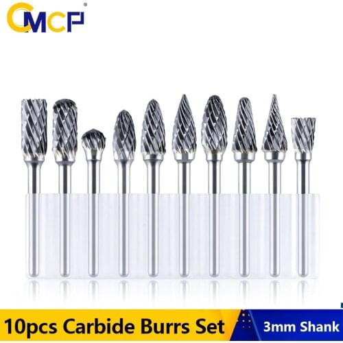 CMCP 3mm Shank Carbide Rotary Burrs 10pcs Double Cut Rotary Cutter Files for Die Grinder Drill Abrasive Tools Grinding Head