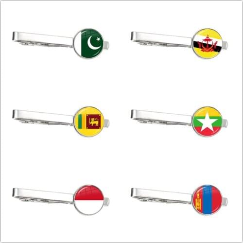 Pakistan,Brunei,Sri Lanka,Myanmar,Indonesia,Mongolia National Flag Glass Cabochon Tie Clip Ornament for Male Gentleman Gift