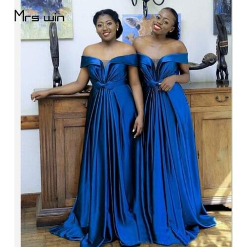 Mrs win Bridesmaid Dress Off Shoulder Royal Blue Vestido Madrinha Plus Size Elegant A-line Long Wedding Guest Dresses HR320