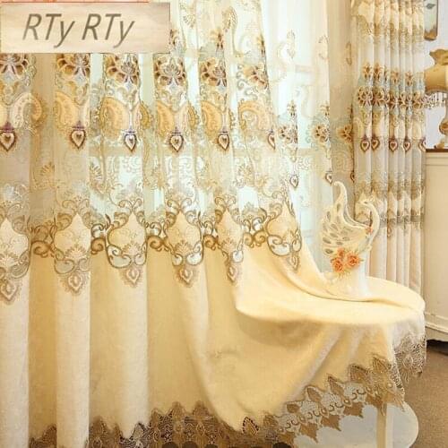Luxury Nordic Embroidered Fabric Hollow Chenille Blackout Curtain for Living Room Embroidery Beige Sheer Bedroom Drapes M112-4