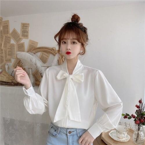 Stylish OL Shirts Women Summer Blouse Bow Collar Casual White Shirt Long Sleeve Tops Female Tie Sweet Blusas Oversized Tunic