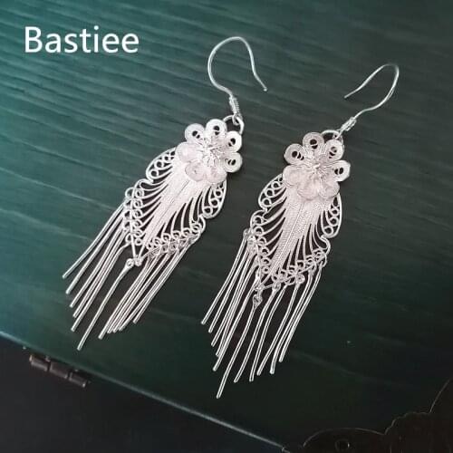 Bastiee boucles d oreilles 999 Sterling Silver Dangle Earrings Drop Tassels Earring Charms Flower Womens Jewelry Hmong Handmade