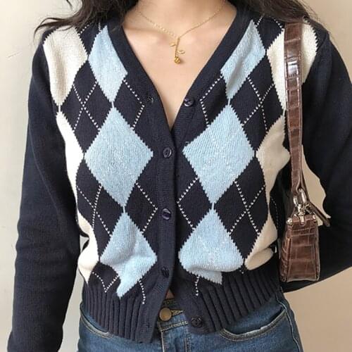 Plaid Knitted Sweater cardigan women Long Sleeve V-Neck Clothes England Style Autumn 2020 Woman Sweaters Tops Sueters De Mujer