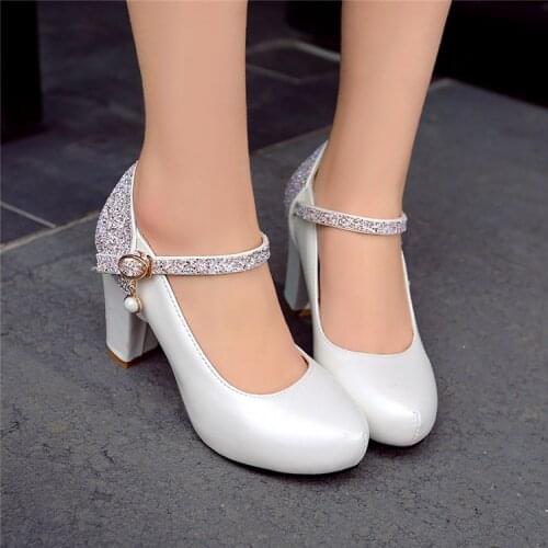 PXELENA Elegant Bride Wedding Shoes Women High Heels Bling Bling Sequined White Pink Ankle Strap Pumps Ladies Shallow Big Size