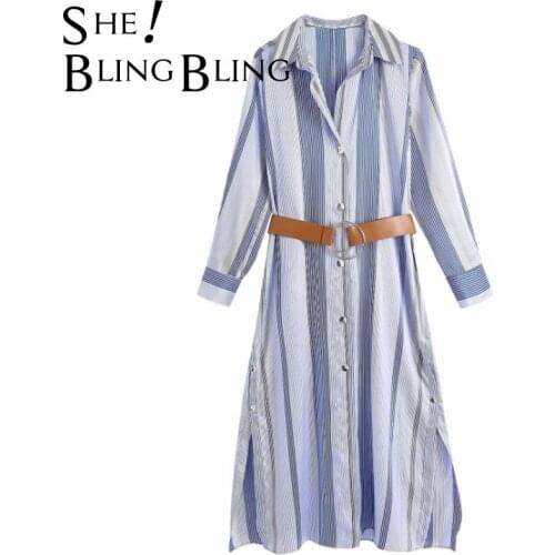SheBlingBling 2021 Za Women Shirt Long Dress Summer Chic Stripe With Belt Long Sleeve Midi Dress Woman Elegant Casual Dresses