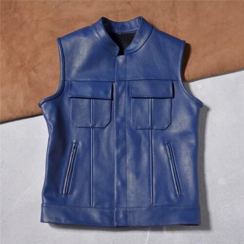 2021 Mens New Genuine Leather Clothes Blue Stand Collar Casual Cowhide Vest