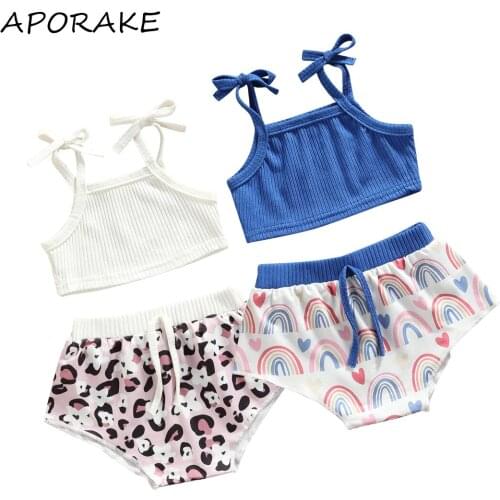 2021 0-24M Summer Infant Girl Clothing Set Sleeveless Bandage Solid Top Vest+Rainbow/Leopard Print Triangle Shorts Sweet 2pcs