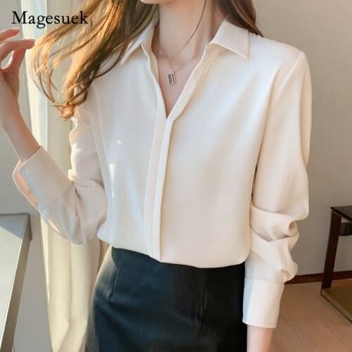 2021 New Spring V-neck Chiffon Shirt Korean Long Sleeve White Shirt Satin Pullover Office Ladies Blouse Women Solid Tops 12860