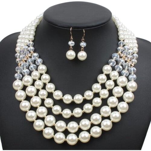 6 Colors Jewelry Sets Women Multi Layer Imitation Pearls Choker Bib Statement Chunky Pearl Necklace Pearl Earrings for Wedding
