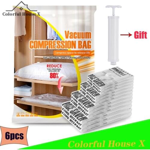 6pcs PA+PE Large Vacuum Compression Bag Business Trip Storage Clothes Finishing Bag Travel Standing Airtight Sack Set Save Spac