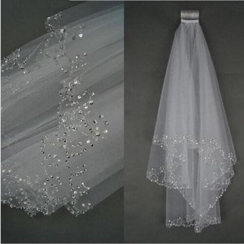 White Ivory Bridal Veils 2022 Wedding Veils Bridal Veil 2 Layer Handmade Beaded Crescent edge Bridal Accessories Veil