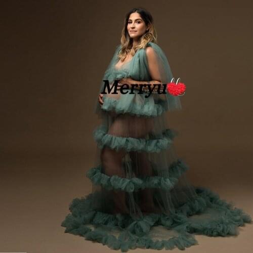 Maternity Women Dresses Puff Sleeves Ruffles Long Tulle Robe Dress Photography Party Gown Prom Evening Dress
