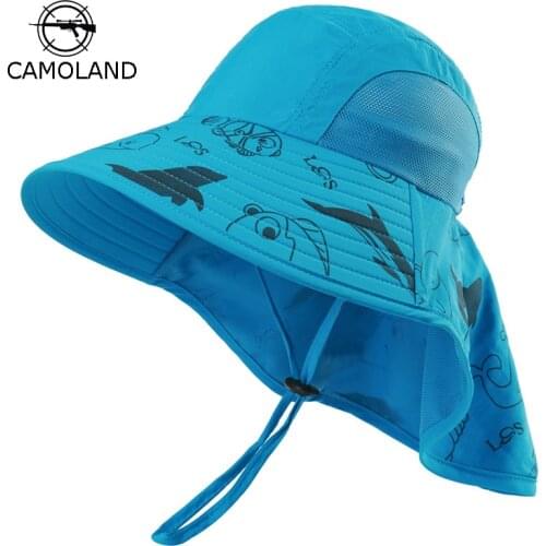 CAMOLAND Child Waterproof Bucket Hat With Neck Flap Girls Cartoon Sun Hats Outdoor Summer Panama Hats Beach Caps