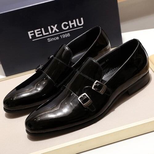 FELIX CHU Luxury Men Loafer Shoes Patent Leather Black Monk Strap Dress Shoes Mens Party Shoes Wedding Formal Shoes for Men