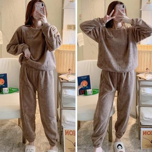 FINETOO 2 Pieces Winter Women Thicken Warm Soft Pajamas Female Flannel Pajamas Set Long Sleeve Sleepwear for Girls Ladies Pyjama