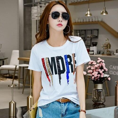 GGRIGHT Camisetas Mujer T Shirt Women Letter Sequined T-Shirt Summer Tops 2018 Korean Fashion Tshirt Ladies Tee Shirt Femme