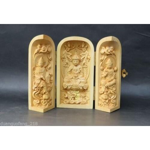 Collection Chinese HANDWORK boxwood carving Buddha Guanyin Kwan-yin amulet box