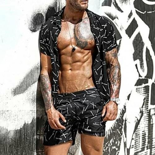 Men Outfit Sets Shorts Sleeve Floral Print Hawaii Single-breasted Shirt T-shirt Summer Beach Drawstring Shorts Suit Streetwear