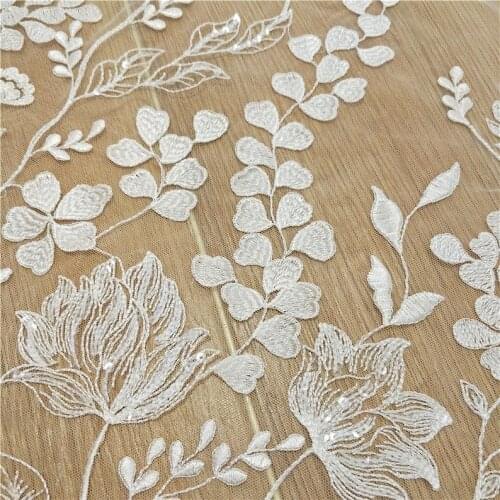 Leaf Flower Lace Fabric, Off White Lace Fabric, Sequins Wedding Dress Fabric By Yard