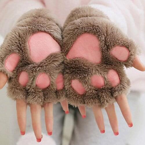 Kawaii Women Cat Claw Paw Plush Mittens Warm Soft Plush Short Fingerless Fluffy Bear Cat Gloves Costume Warm Half Finger Gloves