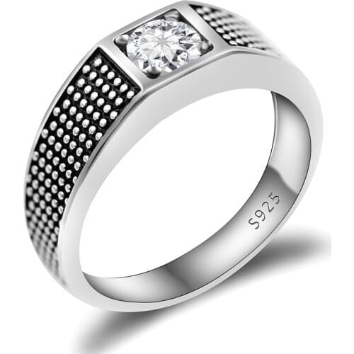 925 Sterling Silver Men Ring Vintage Style Setting Clear Cubic Zircon Punk Finger Ring for Male Fashion Jewelry New Arrival