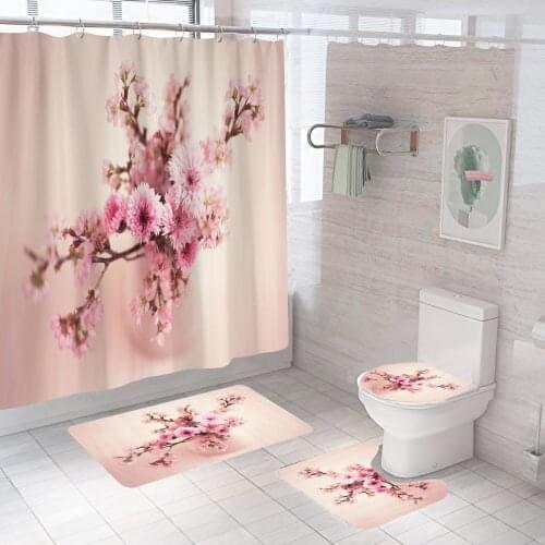 Pink Floral Trees Roses Printed Shower Curtain Set Simple Bath Bathroom Decor With Hooks Anti-slip Bathing Mats Rugs
