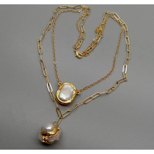 YYGEM White Quartzs Druzy Charm Pendant Cultured White Pearl gold color plated Chain Layers statement Necklace 17.5"