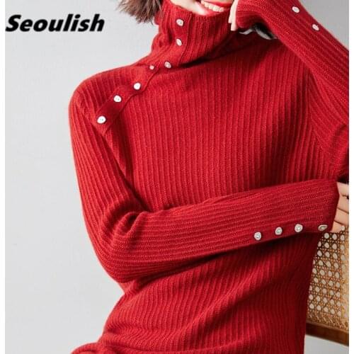 Seoulish Autumn Winter Womens Sweater 2021 New Fashionable Turtleneck Buttons Long Sleeve Solid Casual Knitting Sweater Tops