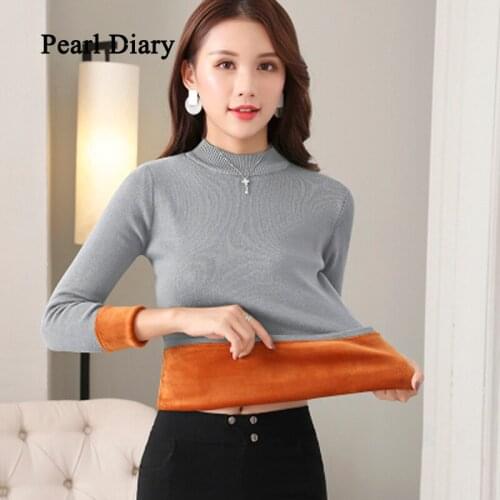 Pearl Diary Winter Knitted Pullover Women Stripe Long Johns Thermal Underwear Solid Warm Sweater Pullovers Slim Fit Thick Tops