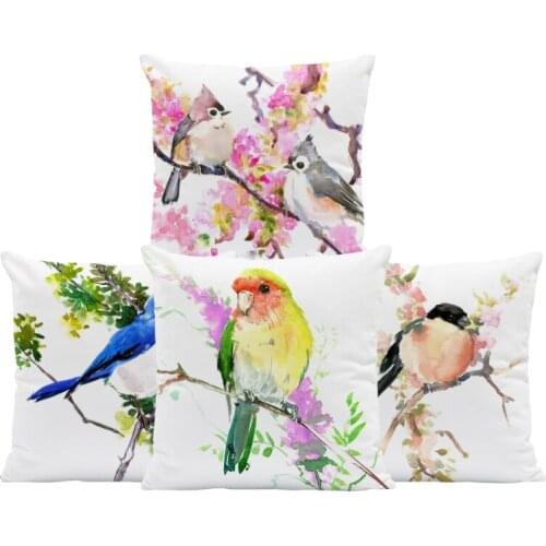 Pink Bird White Cushion Case Parrot Flower Animal Pillow Cover Green Art Cute Room For Kids Blue Throw Pillow Cases Large Velvet