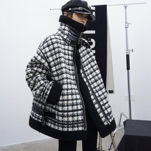 2021 Winter New Houndstooth Stitching Lamb Fur Coat Fur One Women Plus Velvet Thick Warm Loose Jacket Female Motorcycle Clothing