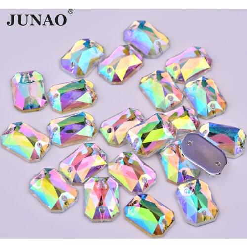 JUNAO 8*10mm Sewing Crystal AB Rhinestones Rectangular Flat Back Acrylic Gems Sew On Strass Crystal Stones For DIY Crafts