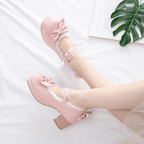 Girls Sweet Lolita Ruffles Bowknot Lace Bridal Wedding Shoes Women High Heel Bordered Princess Dress 2020 Pink Plus Size 30-43