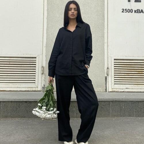 Women Suits New Spring Autumn Full Length Loose Casual Cotton Elastic Waist Solid Blouse and Pants 2 Pic Set Simple European