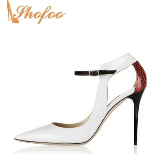 Shofoo New Shoes 2021 Women Sexy Black&White Pleather Pointed Toe Ankle Strap 10cm High Heels Basic Pumps, Plus Size 5-14