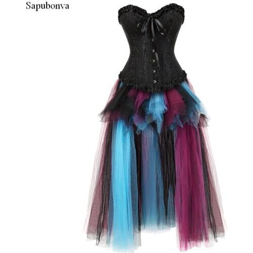 Sapubonva Sexy Steampunk Skirt Corsets and Bustiers Top Lace Evening Women Plus Size Push Up Gothic Corset Dress Long Halloween