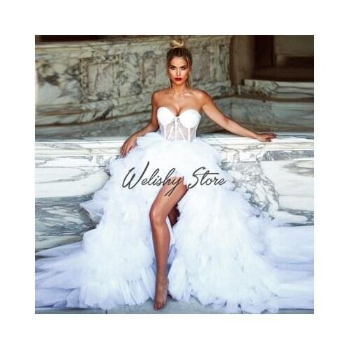 Trend Bridal White Hi Low Ruffles Tulle Prom Dress A-Line Strapless Lace Long Party Tiered Ruffled Tulle Women Dresses Vestito