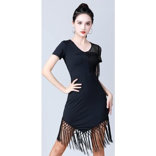 Women Latin Dance Dress Black Short-sleeve Mesh Tassel National Standard Dance Performance Practice Clothes Ballroom Costumes