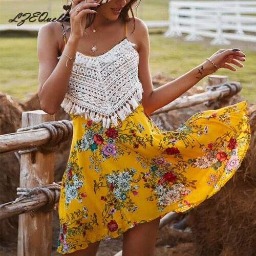 LZEQuella Women Boho Tassels Floral Print Dress Summer Holiday Beach Sundresses Sexy Backless Spaghetti Strap Vestidos NZ3086