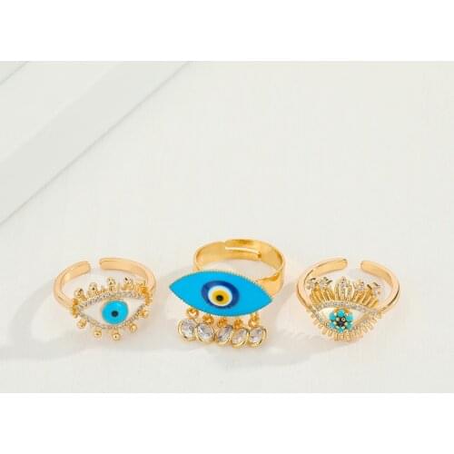 GEOMEE 1PC Turkish Evil Eye Crystal Tassel Ring For Women Europe Bohemia Trendy Vintage Hollow Blue Eye Open Finger Ring Jewelry